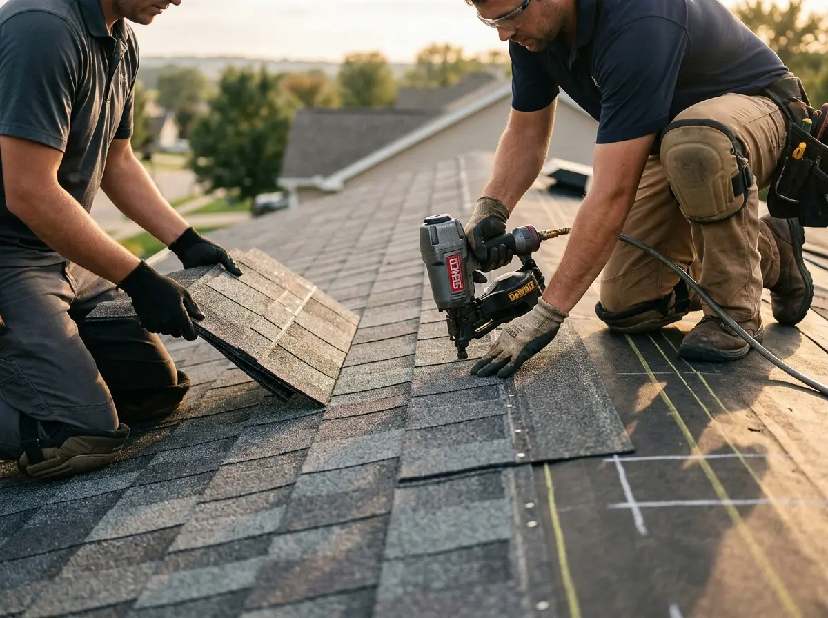 Professional roofer working on a residential roof in Los Altos Hills